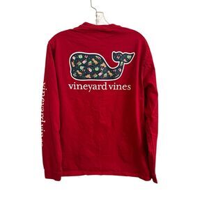 Vineyard Vines Long Sleeve Pocket Tee Red Christmas Whale Dog Mens Size Medium